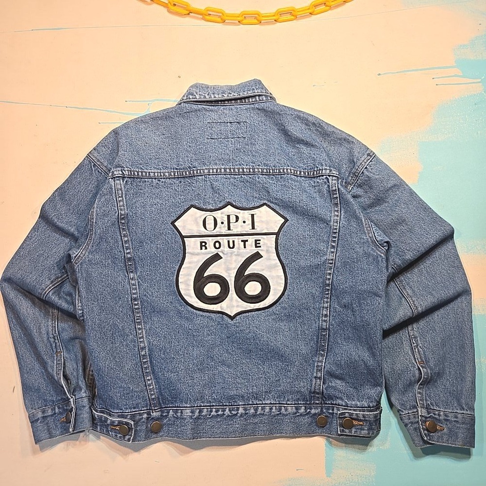VTG Route 66 Patch 80s‎ Jacket M Denim Jacket Blue Boxy USA Custom Memorial Tag